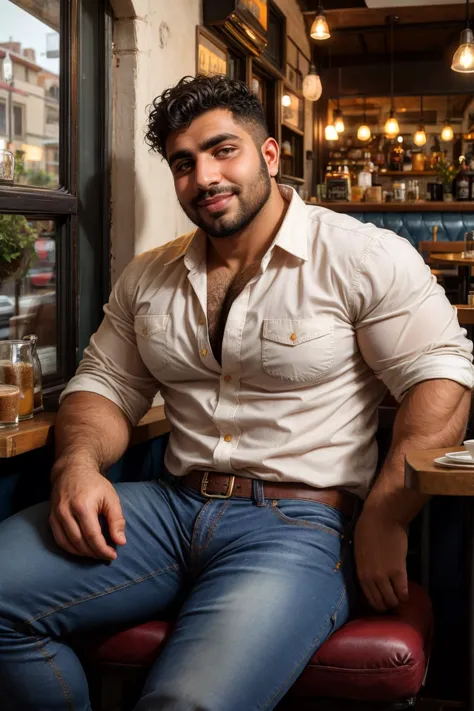 hasselblad photograph of, a (beefy:0.3) 30yo arab male, jeans, dress shirt, (big belly:0.2), (large pectorals:0.4), hairy, natural light, skin texture, summer, bokeh, sharp focus, <lora:more_details:0.1>, looking at viewer, (seductive smile:0.3), inviting, cozy cafe, sitting across from viewer, front view,