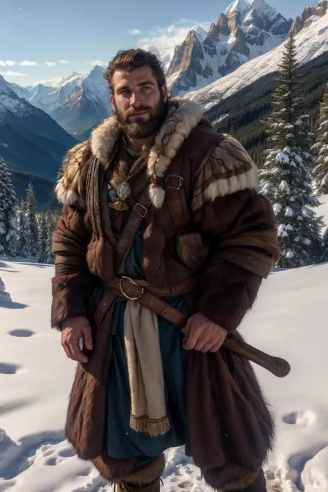 still from a fantasy movie of, a burly 35yo mountaineer, wearing a fur coat, beard, mountains, snow, natural light,  <lora:more_details:0.1>