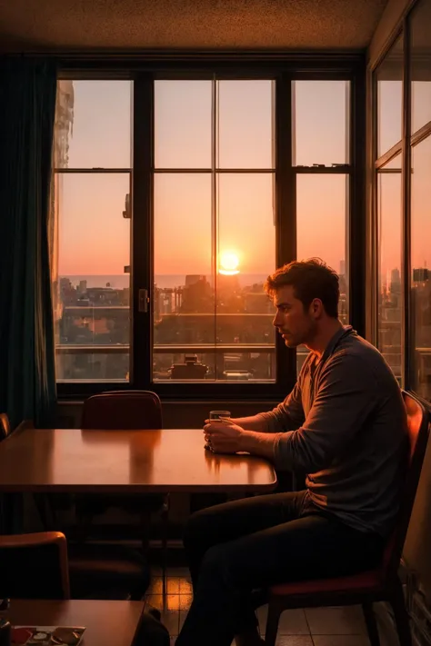 scene from an indie movie of, silhouette of a 45yo man sitting at a table next to a window, moody, colour grading, cinemascope, mid-century furniture, sunset, summer,  <lora:more_details:0.1>, artistic composition, sharp focus, cinematic, cluttered but stylish apartment,