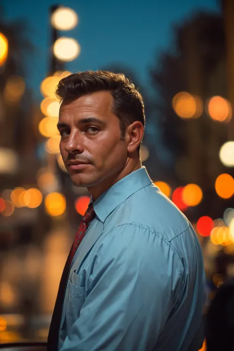 arafed man in a blue shirt and red tie standing in the street