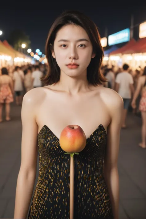 a woman in a dress holding an apple in front of her face