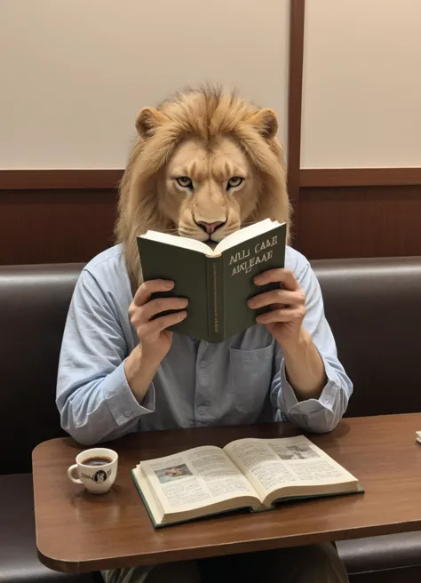 score_6_up BREAK photo, irl, realistic BREAK Cinematic photo of an anthropomorphic lion sitting in a cafe reading a book and having a coffee, animal, claw