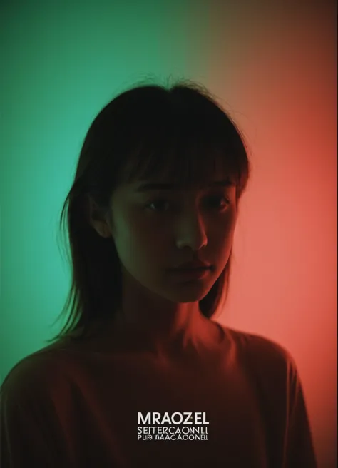 a woman with long hair and a red shirt is looking at the camera