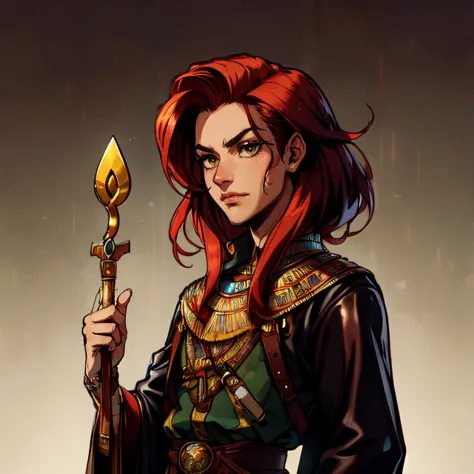 a woman with red hair holding a sword and wearing a black outfit