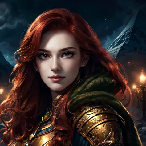 a woman with red hair and a green cape is standing in front of a mountain