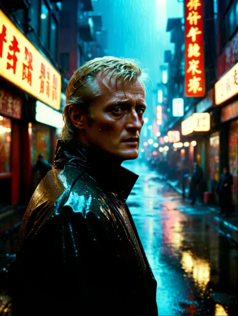 Young Rutger Hauer as Batty from Blade Runner posing in the rain in cyberpunk chinatown