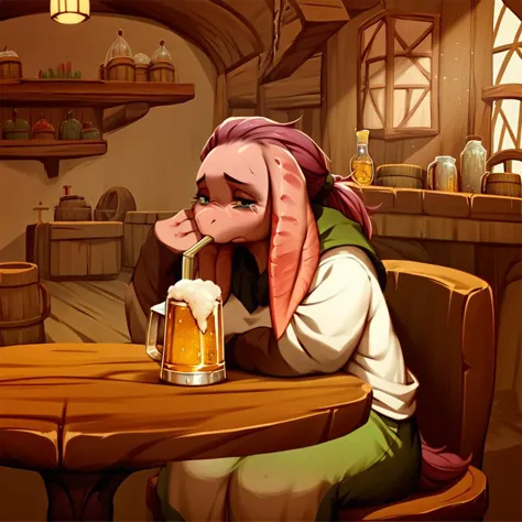 cartoon illustration of a woman drinking a beer in a tavern