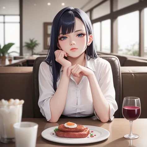 score_9, score_8_up, score_7_up, CONCEPT_PovDating_ownwaifu, 1girl, food, plate, looking at viewer, drinking glass, cup, phone, table, indoors, sitting, restaurant, wine glass, smartphone, chair, blurry, meat, pov across table, pov dating