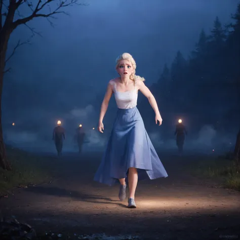 a woman in a blue skirt is walking down a path