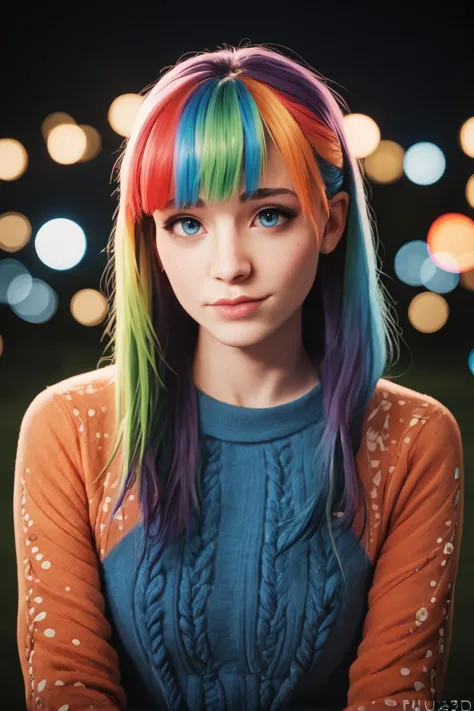 realistic photo portrait of a beautiful girl with long rainbow hair, bangs, at a carnival at night, wearing a sweater, (depth of field, bokeh:1.2) (score_9, score_8_up, score_7_up, 4k)