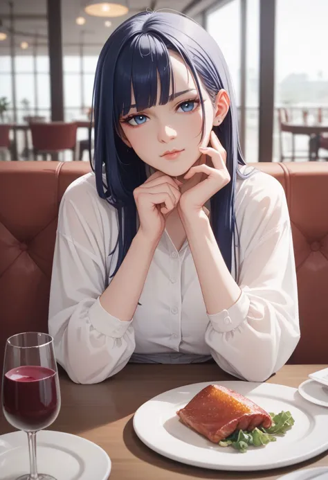 score_9, score_8_up, score_7_up, CONCEPT_PovDating_ownwaifu, 1girl, food, plate, looking at viewer, drinking glass, cup, phone, table, indoors, sitting, restaurant, wine glass, smartphone, chair, blurry, meat, pov across table, pov dating