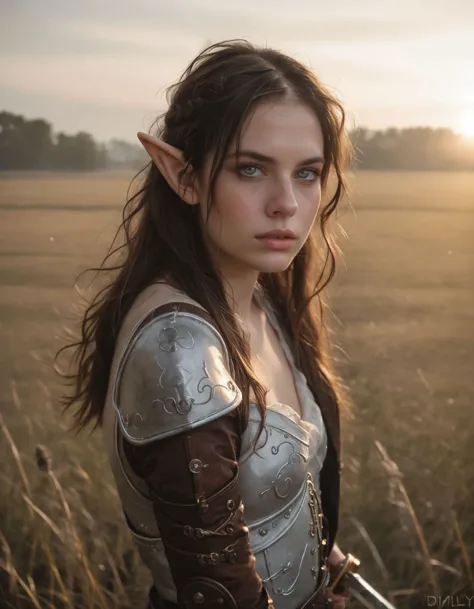 photo, realistic, irl, young woman, elf, warrior, holding sword, early morning, fog, field, 
score_9, score_8_up, score_7_up, 8k, very detailed,
1girl, solo, very detailed, high detailed texture, depth of field, early morning light, dimly lit, night light, cinematic illumination, volumetric lighting,
<lora:1dkXLP:0.7>