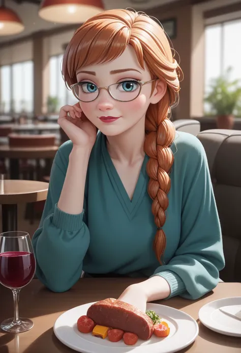 score_9, score_8_up, score_7_up, CONCEPT_PovDating_ownwaifu, anna from the movie frozen, 1girl, food, plate, looking at viewer, drinking glass, cup, phone, table, indoors, sitting, restaurant, wine glass, smartphone, chair, blurry, meat, pov across table, pov dating