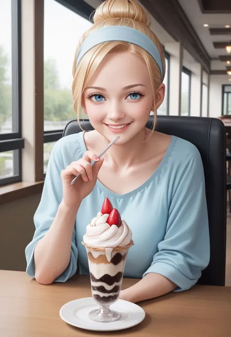 blonde woman sitting at a table with a dessert in front of her