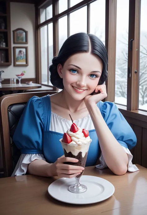 araffe woman in blue dress sitting at a table with a dessert