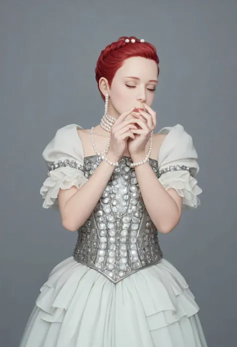 a woman in a white dress with red hair and pearls