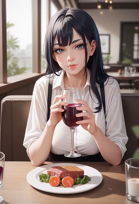 anime girl with black hair holding a glass of wine and looking at the camera