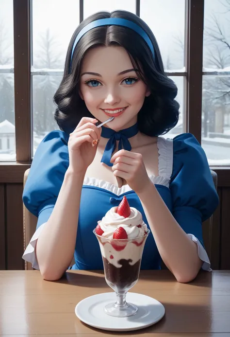 araffe with a blue dress and a blue bow is eating a dessert