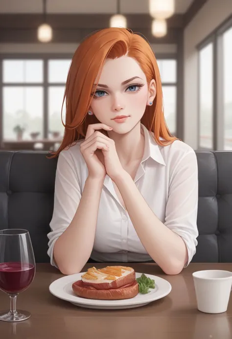 anime girl with red hair sitting at a table with a plate of food