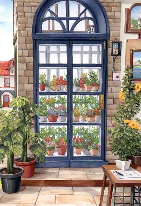 Flower store, coffee spot, tables, chairs, no one, windows, flowers, plants, potted plants, watercolor (medium), landscapes, doors, air conditioning, paintings (medium), traditional media, houses, outdoors, balconies, architecture,  <lora:Pastel color:0.85>