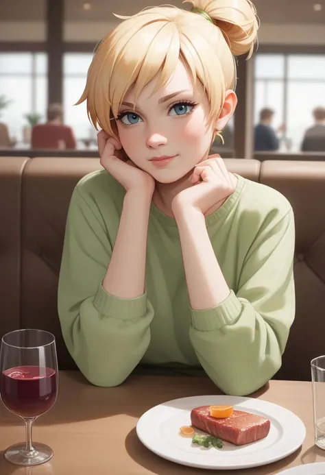 anime girl with blonde hair sitting at a table with a plate of food