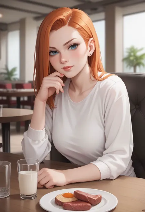 anime girl with red hair sitting at a table with a plate of food