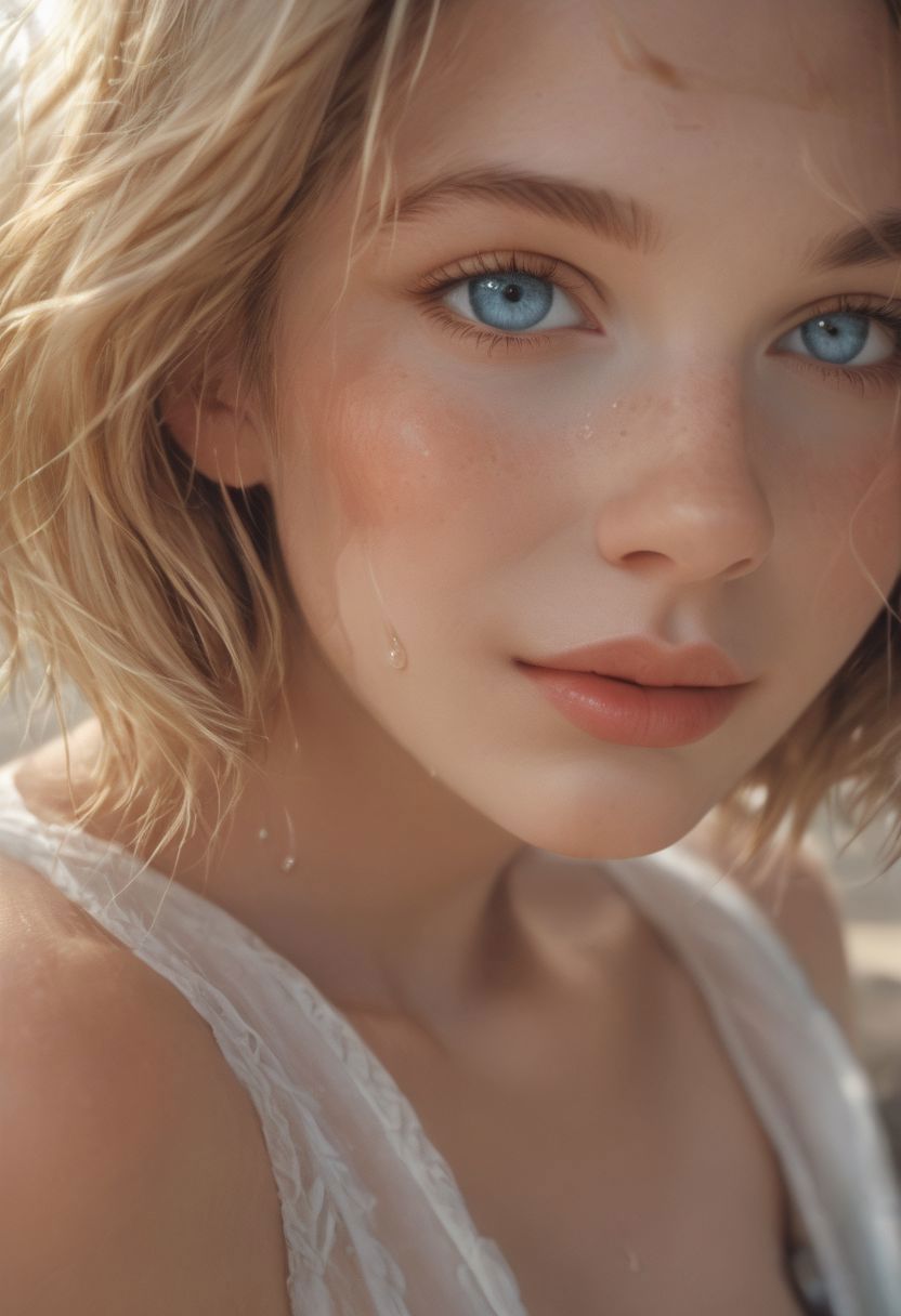 A close up of a woman with blue eyes and blonde hair - SeaArt AI