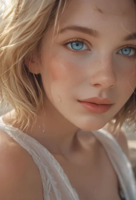 a close up of a woman with blue eyes and blonde hair