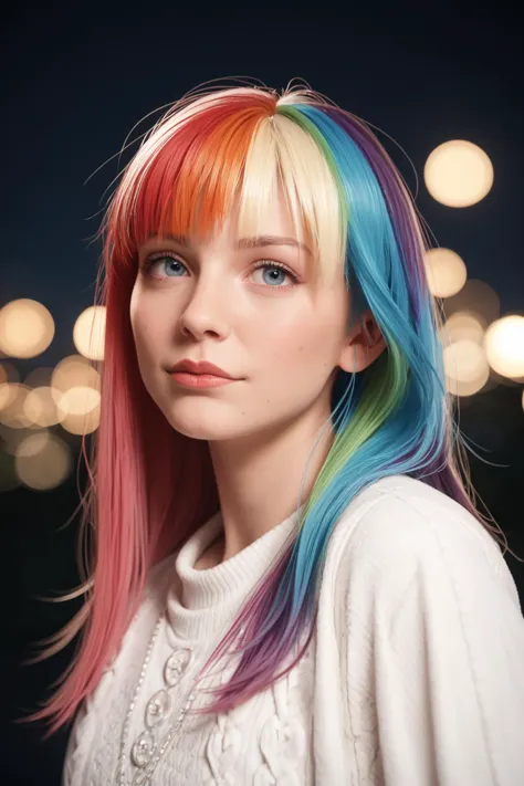 a close up of a woman with colorful hair and a white sweater