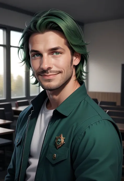 aszkstzz, 1boy, solo, male focus, facial hair, realistic, beard, smile, green hair, medium length hair, portrait, looking at viewer, green eyes, jacket, stubble, indoors, studio setting, green jacket, realistic photograph, professional photographer, depth of field, bokeh zPDXL