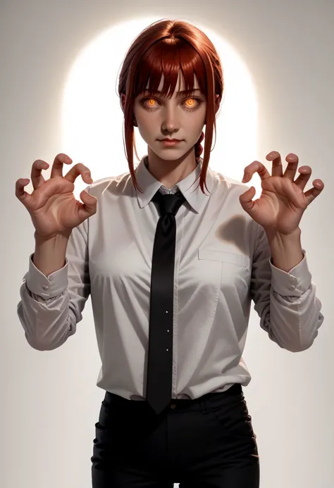 aszkstzz, realistic, 1girl, solo, white_background ,makima \(chainsaw man\), dabbing (pose), red hair, ringed eyes, braided ponytail, black necktie, shirt, collared shirt, black_pants, soft lighting, natural lighting  zPDXL