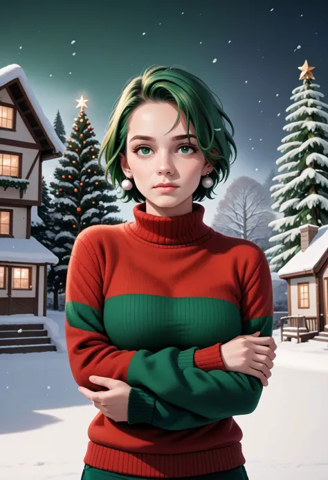 a woman in a red sweater standing in front of a house