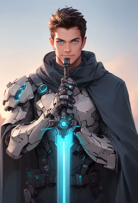 score_9, score_8_up, score_7_up, score_6_up, score_5_up, score_4_up, (zPDXL) (sci-fi, 1boy:1.5, wearing mecha armor, happy face, beautiful hair, looking at viewer, blue eyes, holding a glowing sword), sci-fi background, hkmecha, photorealistic