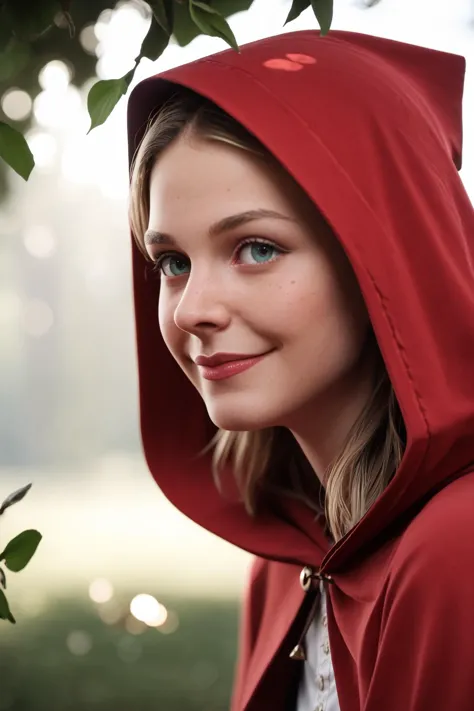 zPDXL2, zPDXLpg, zPDXLrl, dappled sunlight, realistic photograph of little red riding hood, close-up portrait, smiling, in a dark forest sitting on the ground, wearing a red hooded cloak, red dress and boots