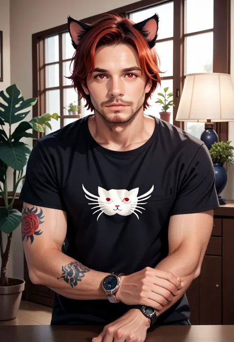 arafed man with red hair and a cat t - shirt sitting at a table