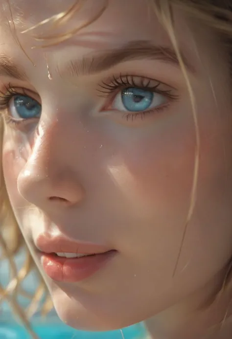 a close up of a woman with blue eyes and a hat