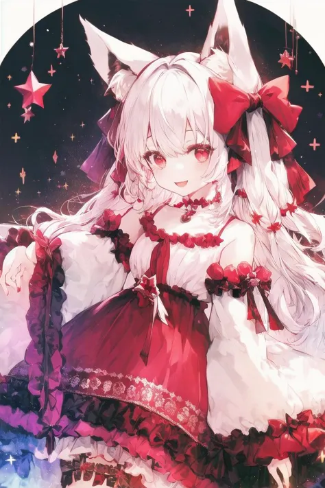 anime girl with long white hair and red dress sitting on a bed