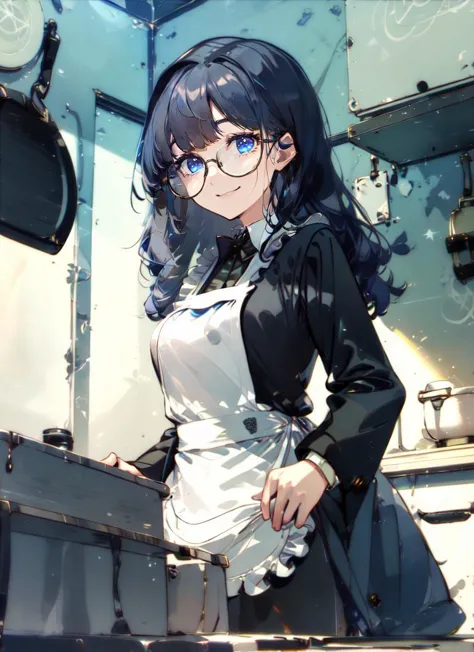 ((best quality)), ((highly detailed)), masterpiece, extremely detailed face, beautiful face, , (1girl), from below, dynamic pose, upper body, ((tuxedo)), nerd, <lora:LoraRoundGlassesV1:.8>, round glasses, thick rimmed glasses, smile, (inside, in a kitchen, apron), <lora:Chun-paretto-wizard-v1-ANL:1>