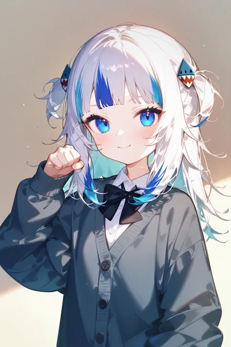 1girl, solo, virtual youtuber, blue eyes, multicolored hair, blue hair, hair ornament, smile, looking at viewer, bow, streaked hair, shirt, bowtie, two side up, upper body, white shirt, cardigan, collared shirt, grey hair, closed mouth, long sleeves, paw pose, blunt bangs, black bow, blush, alternate costume, grey cardigan, medium hair, shark hair ornament, hands up, gawr gura, high quality, masterpiece, very aesthetic, recent