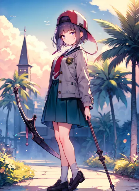 a girl in a uniform holding a sword and a sword