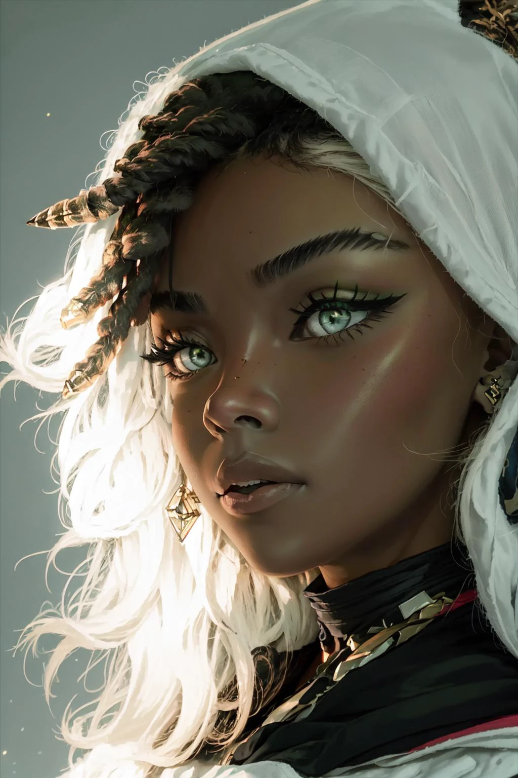 meilleure qualité, Détails complexes,
1fille, Séné \(League of Legends\), 1fille, femelle à la peau foncée, dreadlocks, cape à capuche, yeux verts, seulement, visage détaillé, Yeux ultra détaillés, regarder le spectateur, tir de cow-boy, haut du corps, Liche, Nécromancien, Mort-vivant, luminosité, Rayons de lumière, 
 