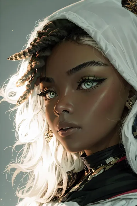 best quality, intricate details,
1girl, <lora:sennaLeagueOfLegends_v10:0.8> senna \(league of legends\), 1girl, dark-skinned female, dreadlocks, hooded cape, green eyes, solo, detailed face, ultra detailed eyes, looking at viewer, cowboy shot, upper body, lich, necromancer, undead, brightness, light rays, 
 <lora:egirlAesthetic_v10:0.8> <lora:beautifulDetailedEyes_v10:0.8>