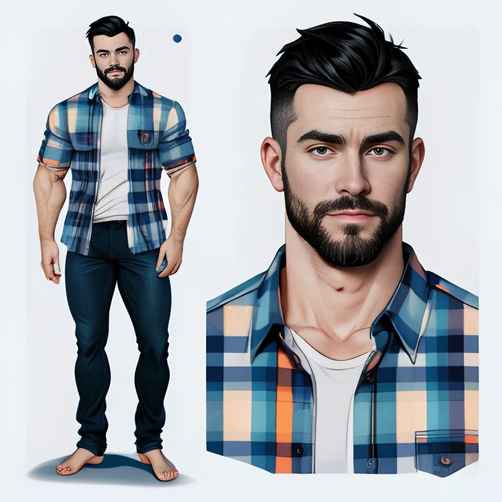 (CharacterSheet:1.2),
(one male), very detailed masculine face, heroic, detailed realistic open eyes, (muscular:1.5), narrow waist, (black hair), (slight smile), wearing open plaid shirt, jeans with a (large bulge), barefoot.
(multiple views, full body, upper body, reference sheet:1.2), head shot, upper body, (simple background, white background),Realistic, photoreal, High contrast, high saturation, highly detailed, high quality, masterpiece, volumetric light, vibrant colors, bokeh, depth of field.
