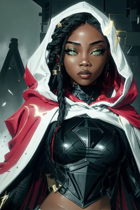 best quality, intricate details,
1girl, senna \(league of legends\), 1girl, dark-skinned female, dreadlocks, hooded cape, green eyes, solo, detailed face, ultra detailed eyes, looking at viewer, cowboy shot, upper body, lich, necromancer, undead, brightness, light rays, 
 