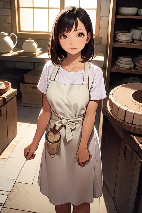 (masterpiece, best quality), 1girl,Korean Potter (Early 21st Century): A (pretty young woman:1.1) with short, bobbed black hair, almond-shaped brown eyes, fair skin, wearing a linen (work dress:1.2), splattered with clay, with a leather apron, (potter's wheel:1.1). She is in a serene pottery studio with shelves lined with beautifully finished ceramics, piles of raw clay, a pottery wheel, and a kiln humming in the corner.