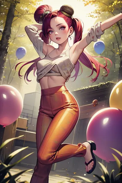 a woman in a white top and orange pants holding balloons