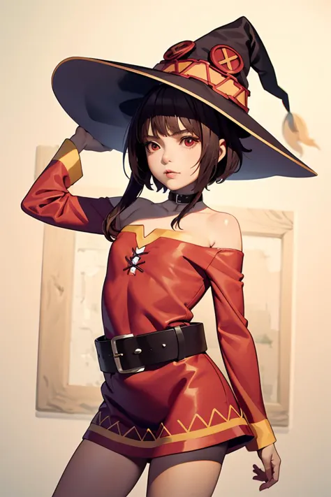 (masterpiece, best quality), 1girl,   <lora:megumin:1> megumin, short hair, dress, red dress, hat, witch hat, belt