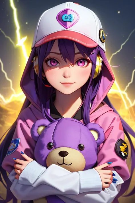 Peluche Prompt,"(best quality, masterpiece) 1girl, teddy bear, baseball cap, hat, solo, stuffed animal, stuffed toy, smile, long hair, hood down, jacket, hood, headphones, closed mouth, purple hair, long sleeves, fingernails, nail polish, sleeves past wrists, looking at viewer, multicolored eyes, bangs, hooded jacket, yellow nails, red jacket, multicolored nails, hair ornament, object hug, blush, red nails, white headwear, upper body, purple eyes, claw pose, heart, black headwear, hand up, bow, hoodie, hairclip, nail art, button badge, very long hair, hair between eyes, orange nails, puffy long sleeves, puffy sleeves, black bow, badge, holding, drawstring, red eyes, pink nails, star (symbol), multicolored hair, blue nails, holding stuffed toy, lightning bolt symbol, colorful, looking to the side, (best quality, masterpiece, perfect face, detailed simmetric iris, perfect smooth skin texture) coloured hair, 18 years old girl, medium tits, flirting on camera, (hyper realism, soft light, dramatic light, sharp, HDR)