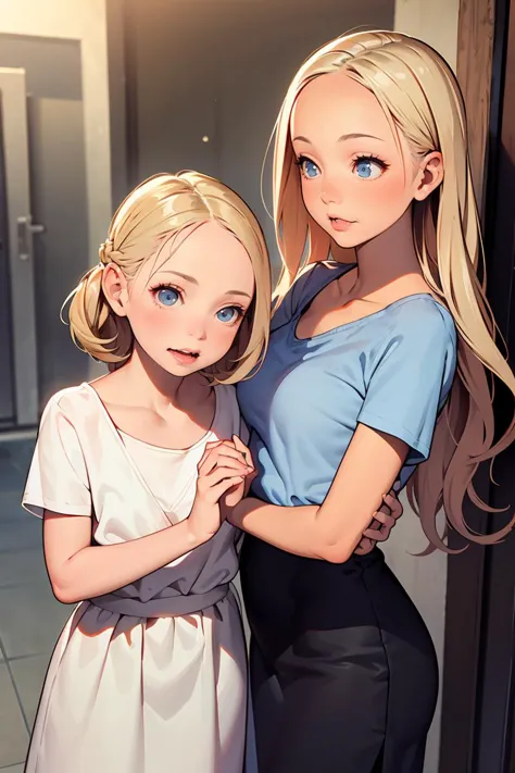 two anime girls standing next to each other in front of a door