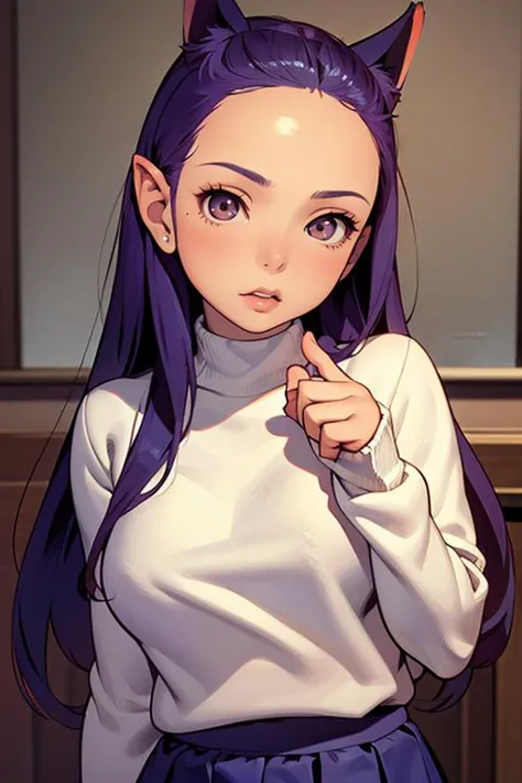 (masterpiece, best quality), 1girl, Adolescence, Lean, Amazzonian, Hazel eyes, Lobed Ears, Pointed Chin, High Cheekbones, Widows Peak Forehead, intense purple Long and straight hair, Surprise wearing Brocade , Indigo skirt, Crochet sweater, Head tilted to the side, indicating thoughtfulness